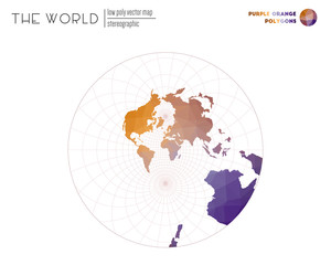 Low poly design of the world. Stereographic of the world. Purple Orange colored polygons. Modern vector illustration.