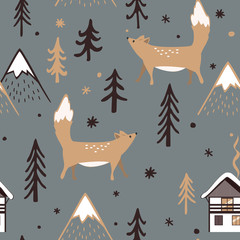 Seamless Christmas pattern with forest trees, mountains, and foxes. Happy New Year background. Xmas Vector design for winter holidays. Child drawing style forest illustration.