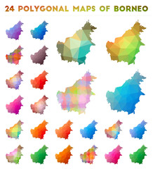 Set of vector polygonal maps of Borneo. Bright gradient map of island in low poly style. Multicolored Borneo map in geometric style for your infographics.
