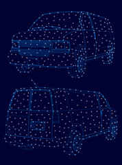Wireframe of the van with luminous lights on a dark background. Front and back view. Vector illustration