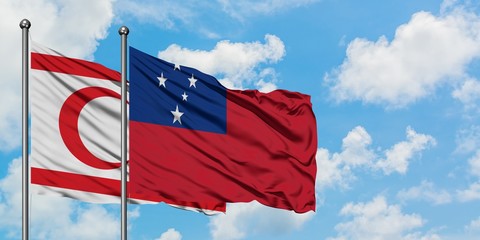 Northern Cyprus and Samoa flag waving in the wind against white cloudy blue sky together. Diplomacy concept, international relations.
