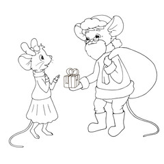 Cute cartoon Santa Claus mouse gives a present to a mouse girl. Isolated object on white background. White and black vector illustrations for coloring book.