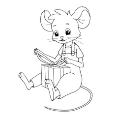 Cute cartoon mouse unpacking a gift box. Isolated object on white background. White and black vector illustrations for coloring book.