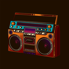 Original vector illustration. Boombox. Retro portable stereo radio cassette player.