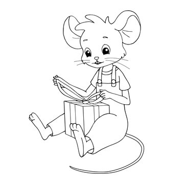 Cute cartoon mouse unpacking a gift box. Isolated object on white background. White and black vector illustrations for coloring book.