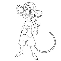 Cute cartoon mouse wearing a T-shirt, shorts, a cap and holding a slingshot behind the back. Isolated object on white background. White and black vector illustrations for coloring book.