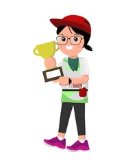 Sport woman holding gold trophy cup award. Glasses woman with a red cap hold award. Isolated vector.