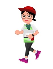 Running Woman. Glasses woman with a red cap is running. isolated vector.