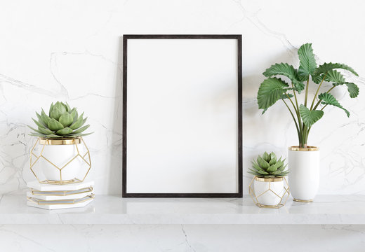 Black frame leaning on white shelve in bright interior with plants and decorations mockup 3D rendering