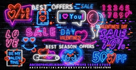 Valentines Day is a proposal, a collection of neon-style banner templates. Set neon signs, posters for shop design, colorful banner, neon advertising, flyers, leaflets, brochures. Vector - obrazy, fototapety, plakaty