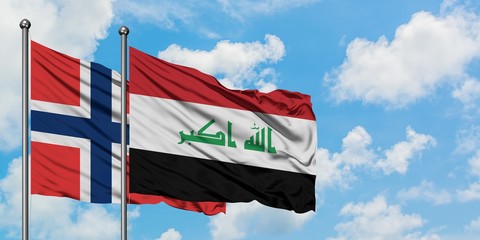 Norway and Iraq flag waving in the wind against white cloudy blue sky together. Diplomacy concept, international relations.