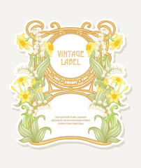 Narcissus, lily of the valley. Label, border. Good for product label. with place for text Colored vector illustration. In art nouveau style, vintage, old, retro style. Isolated on white background..
