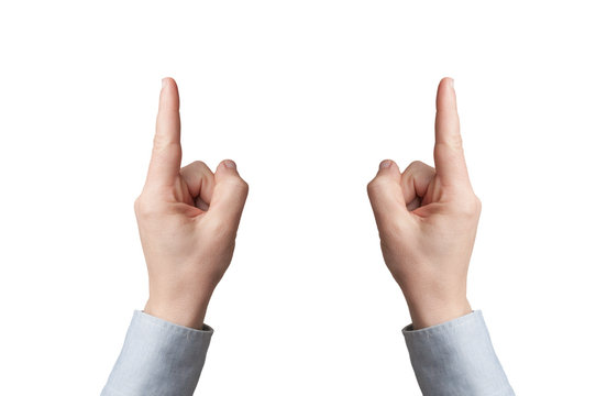 Man In Blue Shirt Using Two Hands To Show The Size Of Something. White Background