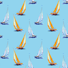 Watercolor seamless pattern sailboat. Yellow and blue vessel isolated on blue background. Hand drawn  illustration.