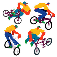 Guy on bmx make trick, disproportionate overtone flat vector illustration set, isolated overexaggerated bicyclist on white background. Character people modern design.