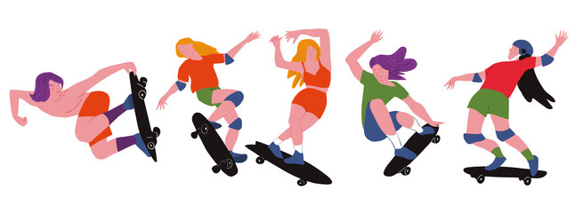 The skateboarders set. Boy and girl surf on skateboard. People on skates. Used for flyer, banner sporting events, packing sports goods. Cartoon flat vector illustration isolated object.