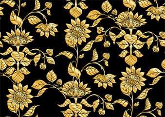Sunflower. Seamless pattern, background. In art nouveau style, vintage, old, retro style. In gold and black