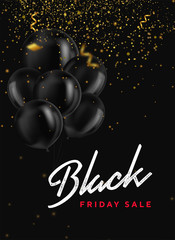 Black Friday Sale Banner with Shiny Balloons Bunch, Confetti and gold glitter on Dark Background. Modern design. Universal vector background for poster, banners, flyers, card. Web-banner. Coupon.