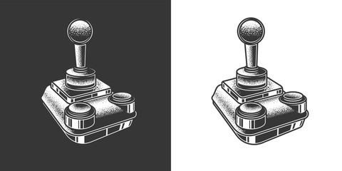 Original monochrome vector illustration of old retro joystick in vintage style. © artmarsa