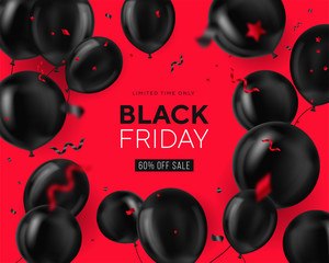 Black friday sale background with balloons and serpentine. Modern design. Universal vector background for poster, banners, flyers, card. Web-banner. Coupon. Landing page.