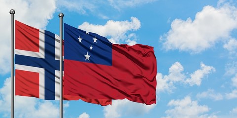 Norway and Samoa flag waving in the wind against white cloudy blue sky together. Diplomacy concept,...