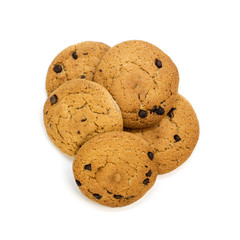 Oatmeal cookies with chocolate chips. Top view. Close up. Isolated on white background