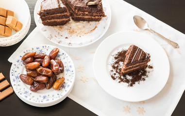 Chocolate cake and dried dates fruit