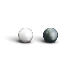 Realistic two black and white pearls closeup view isolated objects on a white background for advertising jewellery, jewelry vector illustration
