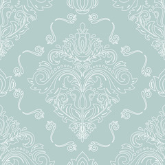 Classic seamless pattern. Damask orient ornament. Classic vintage background. Orient light blue and white ornament for fabric, wallpaper and packaging