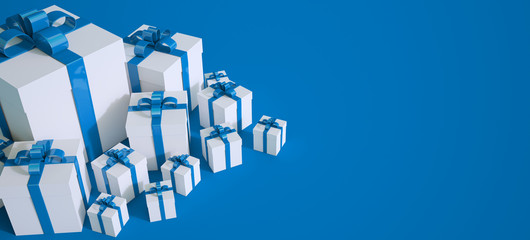 3D rendering of white and blue gift boxes with lots of copy space