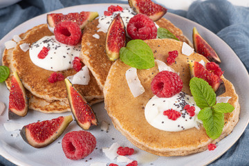 Pancakes with raspberries, figs, yogurt, coconut zest, honey and mint leaves on a plate.