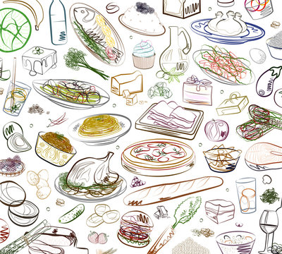 Set of food, ornaments, cuisine Illustrator