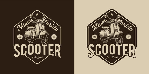 PrintThe original monochrome vector emblem with the image of a scooter in a retro style.