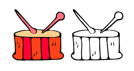 Hand-drawn vector illustration of an children toy drum colored template for design, doodles