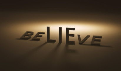 Believe concept of lie on dark background and belief. Lies or trust. Realistic 3D render.