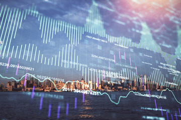 Forex chart on cityscape with skyscrapers wallpaper double exposure. Financial research concept.