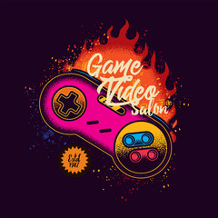 The original vector logo of the salon of video games in neon style.