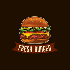 Original vector emblem. Burger with cutlet, tomatoes and herbs in vintage style.