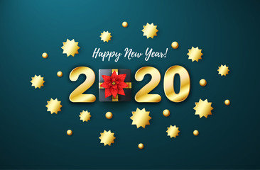 2020 hand written lettering with realistic Golden 3D Star.