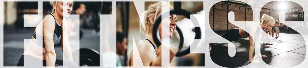 Collage of a smiling woman doing exercises at the gym