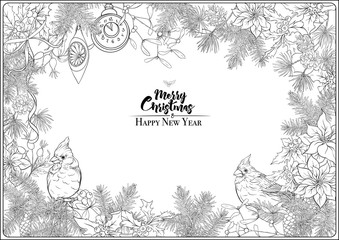 Merry Christmas and Happy New Year card, banner with traditional winter plants and birds, decoration, ribbon. Coloring page for the adult coloring book. Outline hand drawing vector illustration..