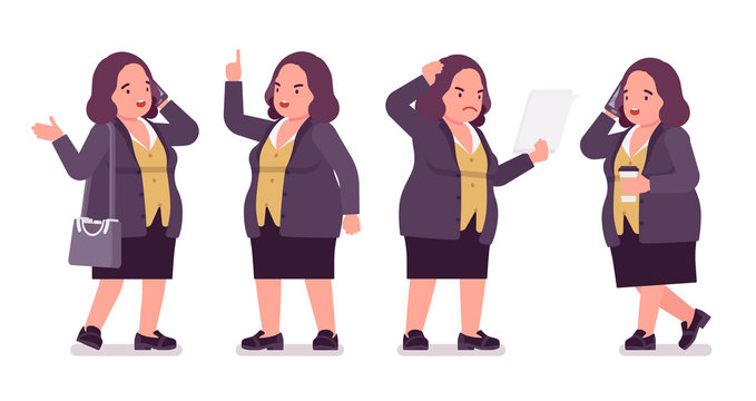 Chubby woman on business work. Overweight middle aged lady, kind civil service worker. Curvy, voluptuous body type, big women fashion, plus size formal wear. Vector flat style cartoon illustration
