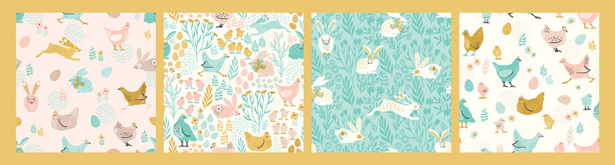 Fototapeta na wymiar Vector seamless patterns with bunnies and chicken for Easter and other users
