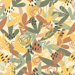 Creative doodle art header with shapes and textures. Collage modern floral and leaf pattern in vector. Seamless design. Hand drawn abstract contemporary background. Print on fabric, textile, paper.
