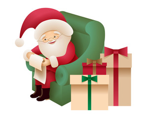 Santa Claus is sitting in a armchair and reading a letter.