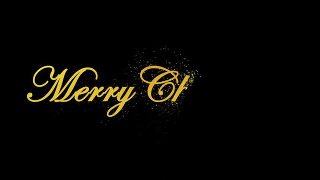 Golden Merry christmas text handrawn on dark background with sparkles motion graphic effect