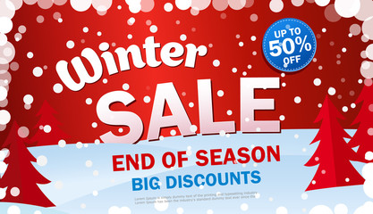 Set bright horizontal Sale banner on red background with snowflakes. Text - Winter sale, big discounts. Up to 50 off. Final offer. Snow vector illustration.