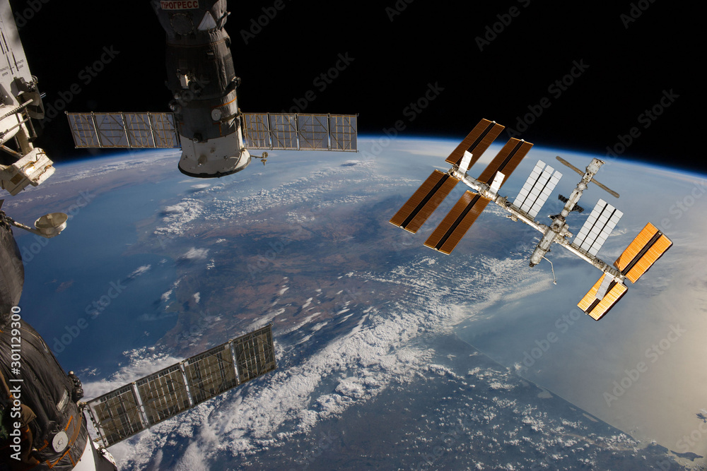 Sticker spaceships in space. science theme. the elements of this image furnished by nasa.