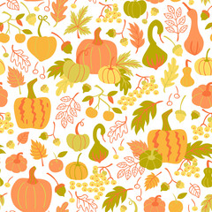 Pumpkin and Leaves Seamless Pattern. Autumn Fall Vector Background