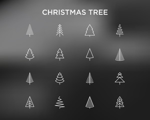 Obraz premium Christmas tree in different shapes. Minimalistic simple thin line icons set. Vector illustration for greeting card, Christmas and New Year decoration for black theme.